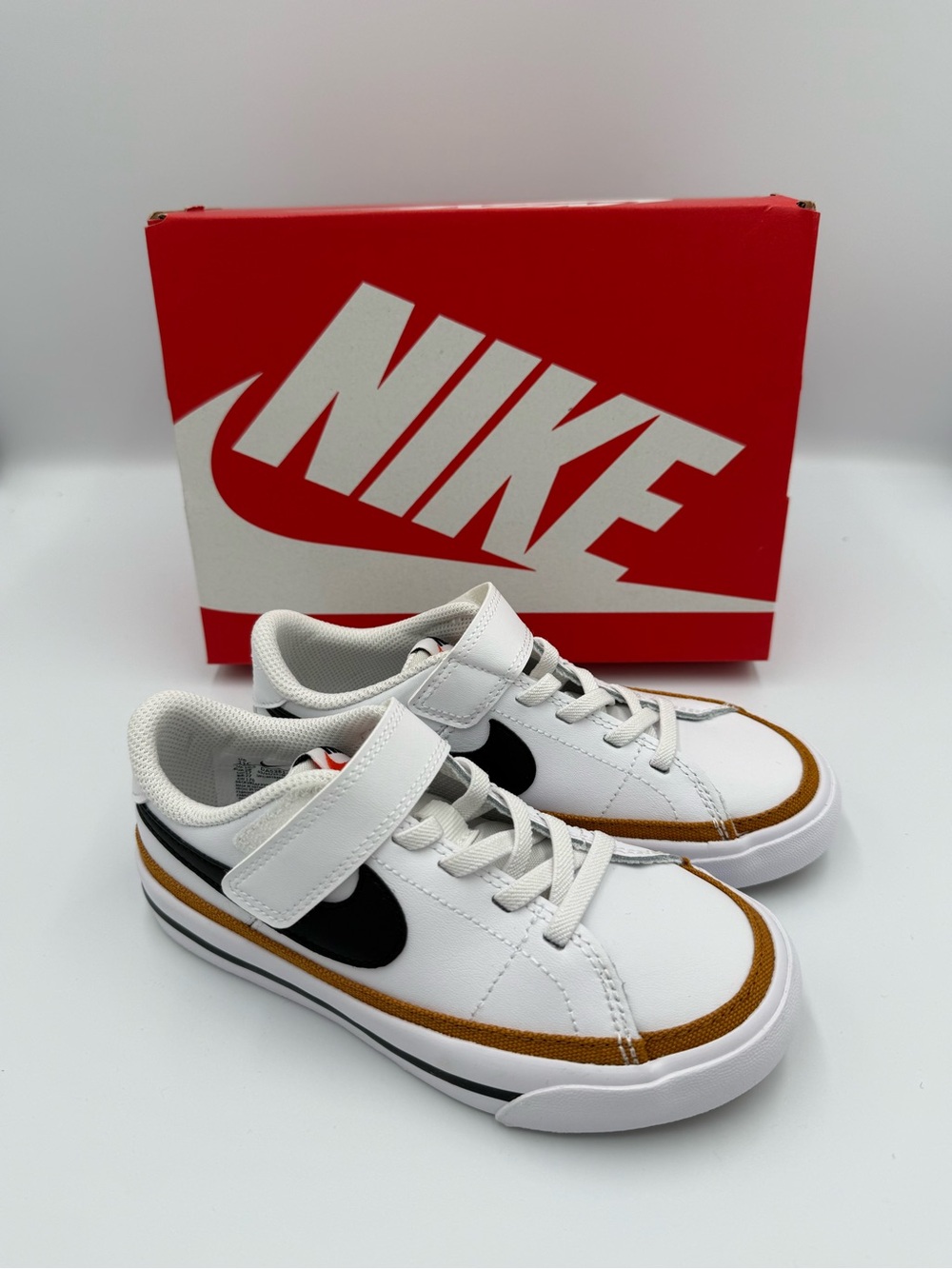 Nike Kids Court Legacy White Black & Brown Accent Strap Sneakers, Little Kid 11